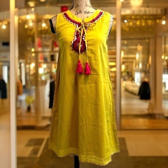 THML‎ Yellow Green Global Chic Boho Hippie Festival Embroidered Shift Dress XS - Picture 9 of 9